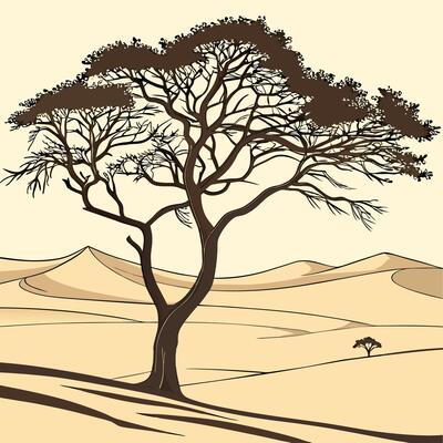 Desert Acacia Tree Silhouette Elegant Brown and Beige Landscape Illustration.