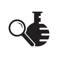 A black and white image of a laboratory flask with a magnifying glass vector
