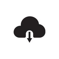 Cloud icon with arrow pointing down, black and white vector