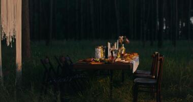 A beautiful festive table covered with a variety of food stands near a decorated arch in the forest at night, there are no people video