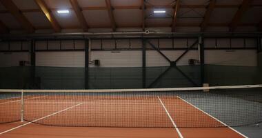 An empty indoor tennis court with orange rubber covering and stretched net in the middle, ready to play. No people on video