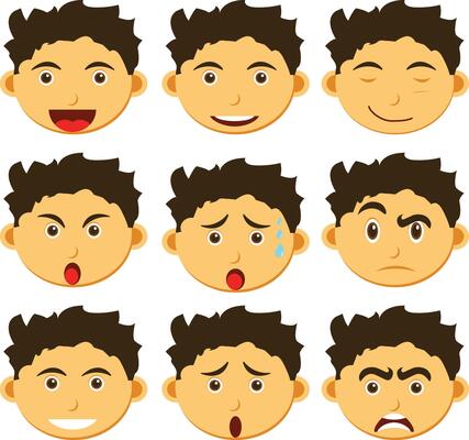 A set of 9 diverse facial expressions, ranging from happy to sad, perfect for creating engaging characters or illustrating emotions