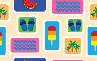 Summer pattern seamless fabric summer season. beach elements on stamp frames on yellow. Designed for background ,wallpaper ,summer pattern ,wrapping paper ,travel ,holiday ,weekend ,vacation ,trip vector