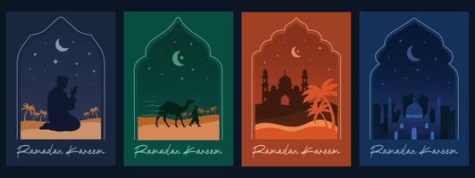 4 sets of ramadan posters with scenery concept, suitable for wall decor, or display vector