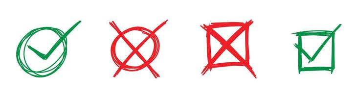 check and cross sketch grunge hand drawing green and red mark circle rectangle box vector
