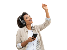 Happy smiling woman enjoying listening to music in holding the phone with transparent background png