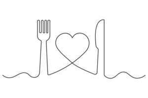 Continuous single line drawing of Love knife and fork line art illustration vector
