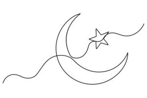 Continuous one line drawin of Crescent moon and star Ramadan outline art illustration vector