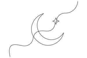 Continuous one line drawing Crescent moon and star single line outline art illustration vector