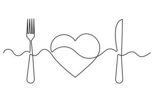 Continuous one line drawing of Love knife and fork symbol art illustration vector