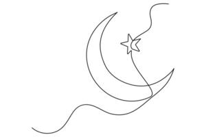 Continuous one line drawing of Crescent moon and star Ramadan isolated on white background outline art illustration vector