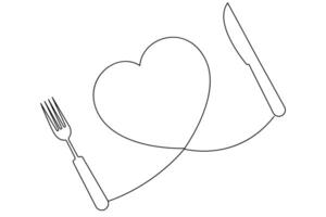 Continuous one-line Love knife and fork symbol outline art illustration for minimalist and modern designs vector