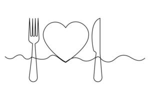 Love knife and fork continuous one line art drawing of heart hand drawn illustration vector