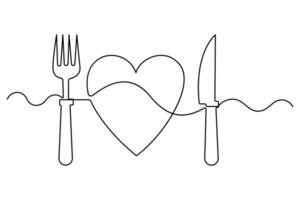 Continuous one line drawing of Love knife and fork symbol isolated on white background outline art illustration vector