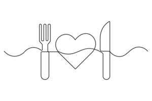 Continuous line drawing of Love knife and fork symbol art illustration vector