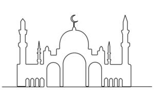 Continuous single line of Crescent Mosque, ramadan islamic concept drawing outline art illustration vector