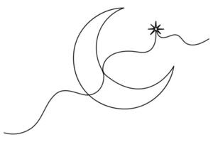 Continuous one line drawing of Crescent moon and star Ramadan outline art illustration vector