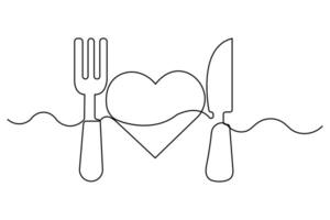 Continuous one line drawing of Love knife and fork concept isolated art illustration vector