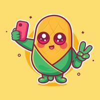 happy corn character mascot taking a selfie with a smartphone isolated cartoon vector