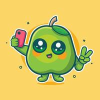 happy guava fruit character mascot taking a selfie with a smartphone isolated cartoon vector