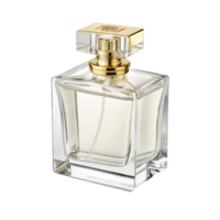 Elegant glass perfume bottle with golden cap, featuring a luxurious design. Perfect for storing fragrances. Isolated on transparent background png