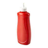 Red plastic ketchup bottle with no label, featuring a squeeze tip for easy dispensing, commonly used in kitchens and restaurants. png