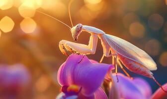 A white bug is on a purple flower photo