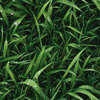 Photo of freshly watered grass, seamless texture, with small dew drops sparkling under soft sunlight