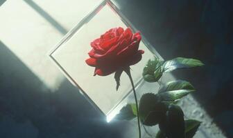 A red rose is in a glass box photo