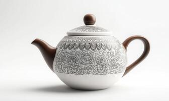 A white and brown tea pot with a lid photo