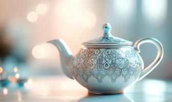 A white tea pot with a gold design sits on a table photo