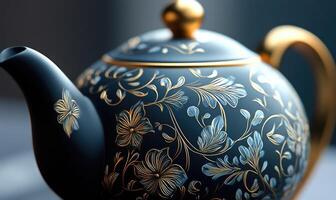 A black and gold teapot with flowers on it photo