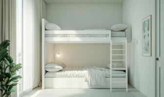 A white bunk bed with a lamp on the top bunk photo