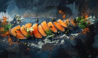 A plate of food with salmon and other ingredients photo