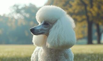 A white poodle with a white and black face photo