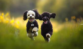 Two dogs running in a field photo