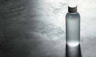 A clear bottle of water is sitting on a counter photo