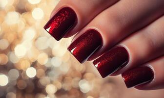 A woman's hand with red nail polish on it photo