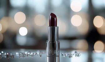 A lipstick is on a table with a shiny surface photo