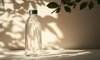 A clear bottle with a lid sits on a table photo