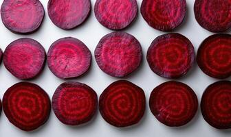 A row of red beets with a spiral pattern photo