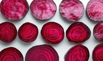 A row of sliced beets are shown in a row photo