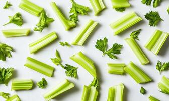 A bunch of celery and parsley are on a white background photo