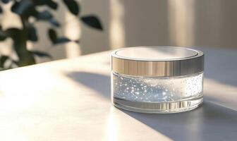 A clear jar with a white lid sits on a table photo