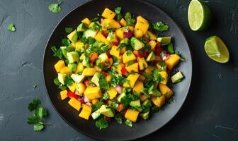 A black plate with a salad of vegetables and a lime on the side photo