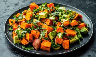 A plate of food with avocado and carrots photo
