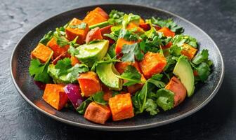 A plate of food with vegetables and avocado photo