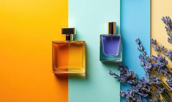 Two perfume bottles are on a table with purple flowers photo