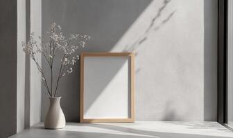 A white frame with a white background sits on a table photo