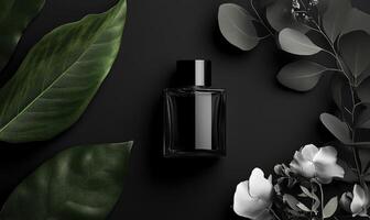 A bottle of perfume is on a table next to some leaves photo